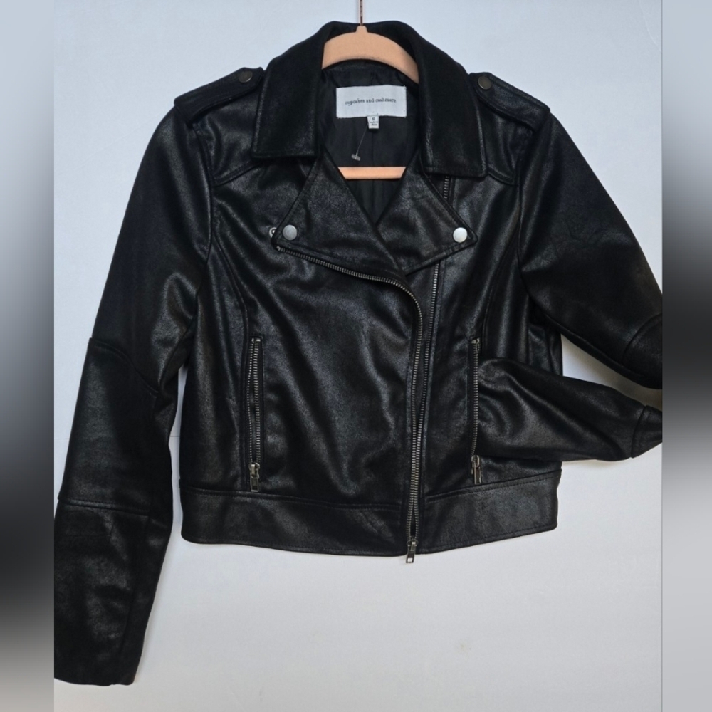 Antropologie,Cupcakes & Cashmere Classic Black Leather (Polyester) Jacket.Size S - Picture 2 of 9
